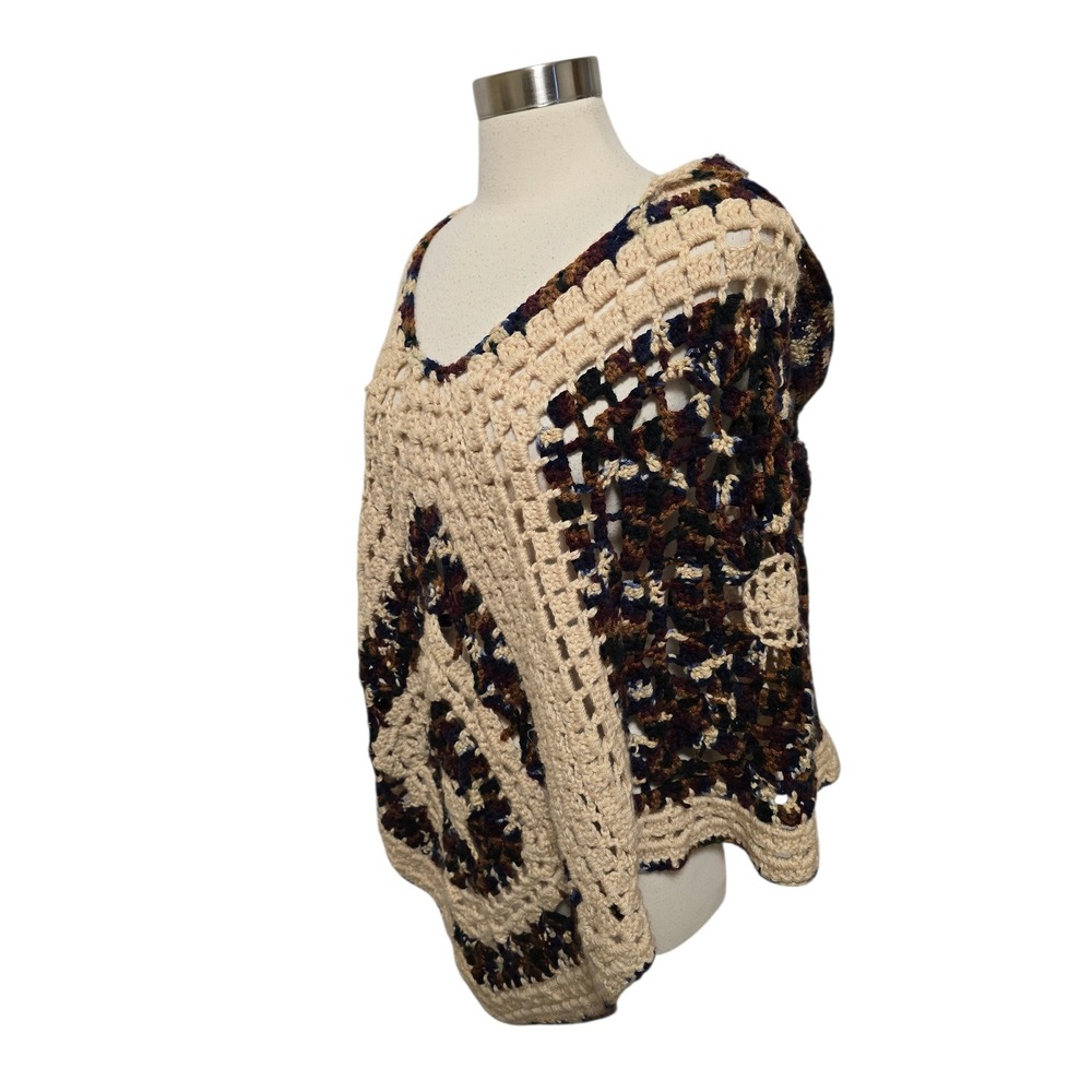 Vintage‎ Womens Handmade Crochet Poncho Cape with Hood Granny Square
